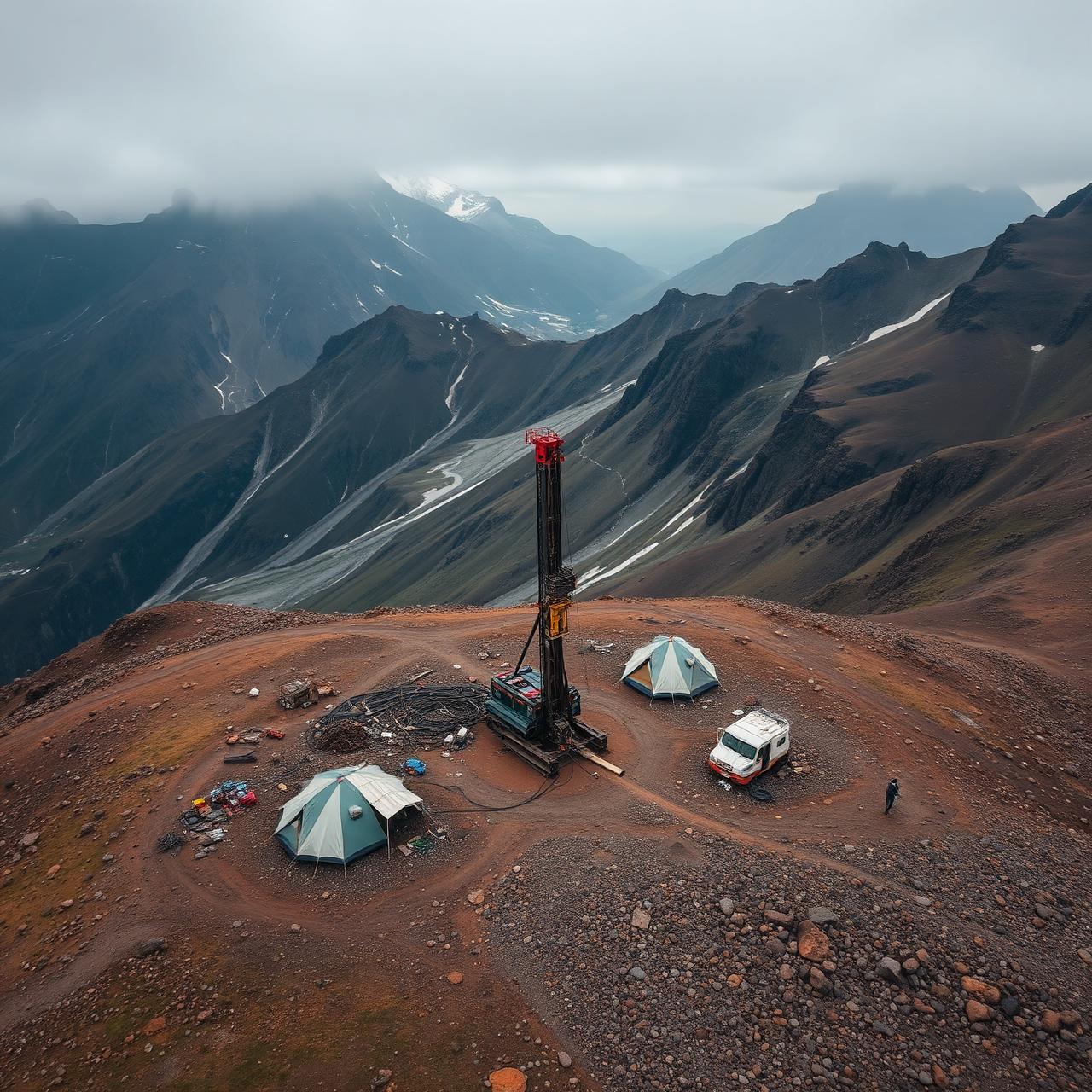 Aerial view of the Hat Project mineral exploration drill site in BC mountain terrain